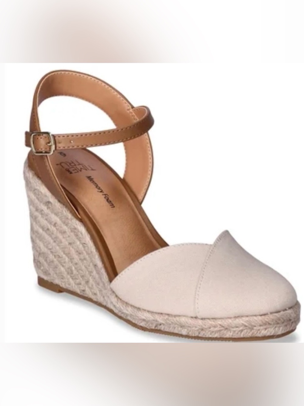 Time and Tru Cream Canvas Espadrille Wedge Sandal with Tan Ankle Strap